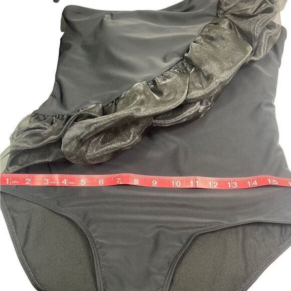 One Shoulder Black Ruffle Trim One Piece Swimsuit - Picture 9 of 10